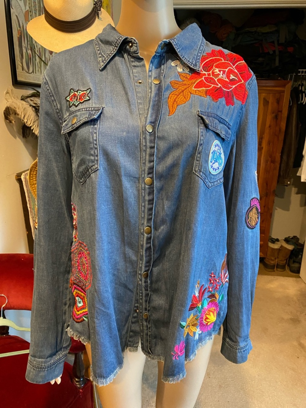 Spell Flower Child Denim Shirt with Blue Wash and Multicolor Embroidery